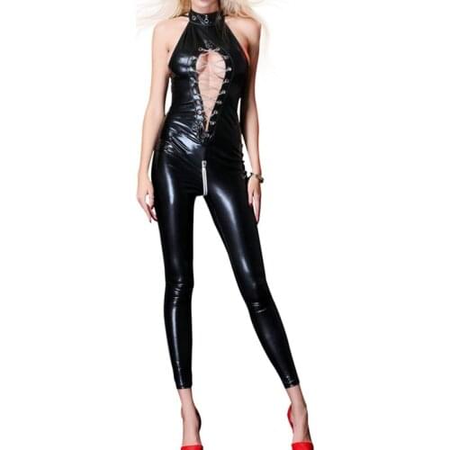 Jumpsuits for Women 2018 Sexy Halter Sleeveless Leather Catsuit Women Erotic Hollow Out Crisscross with Chains Long Jumpsuit