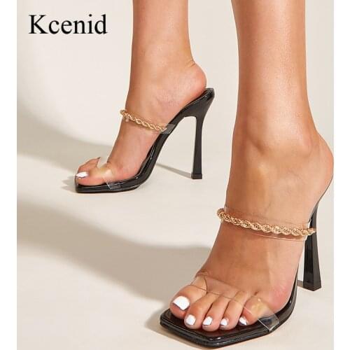 Kcenid Summer New Transparent PVC Slippers Fashion Golden Chain High Heels Female Pumps Slides Outdoor Sandals For Women Shoes