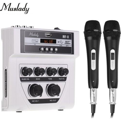 Muslady MF-8 Mini Sound Audio Mixer Stereo Echo Mixers Dual Mic Inputs Support BT Recording MP3 Function with 2 Set Microphones