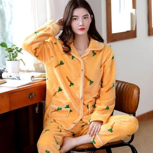 Girls Long Sleeve Pajamas Suit Female Flannel Warm Pyjama Housewear Students Thickened Coralline Velvet Sleepwear For Women 1564