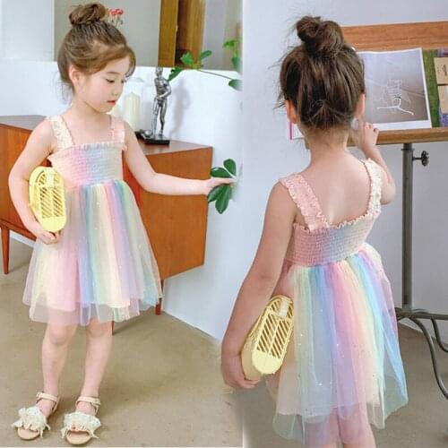 2021 girls dress new summer dress sling dress beach skirt girls summer dress rainbow ribbon two pieces 2 3 4 5 6 years old