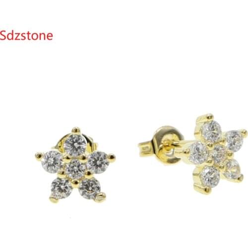 Real 925 Sterling Silver Five Zircon Flower Stud Earrings For Women Brincos Gift Boucle D'oreille Oorbellen