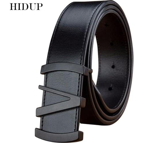 HIDUP Top Quality Design Cowhide Leather Belt V Letter Slide Buckle Metal Style Men Cow Novelty Styles 33mm Width Belts NWJ642