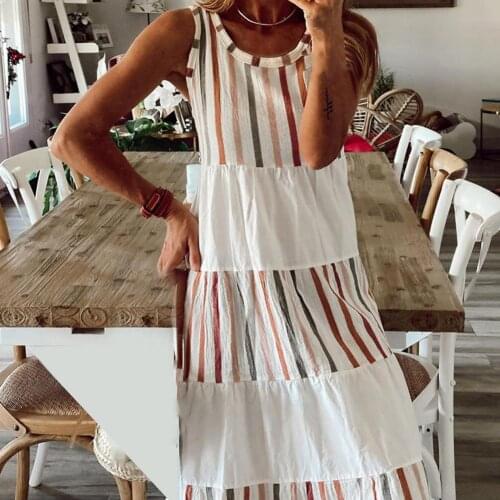 Women Summer Dresses Striped Print Sundress Sleeveless Print Polyester Comfort Stretch O Neck Sundress