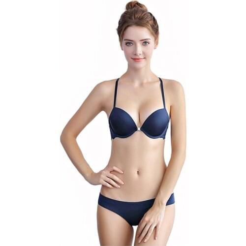 Sexy front buckle seamless thick padded gather push up underwire bra set ladies lace cross shoulder strap beauty back underwear