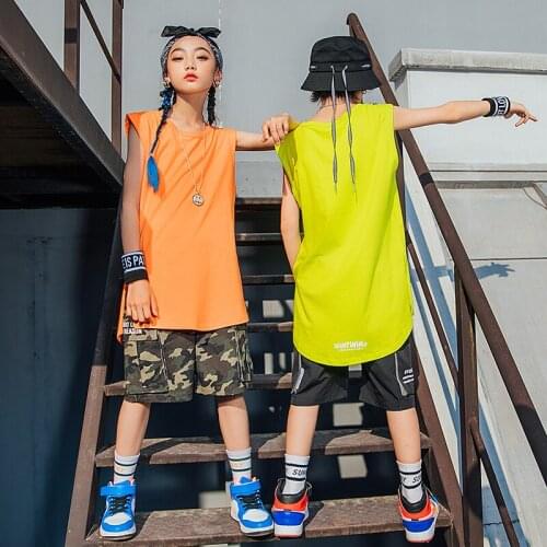 2021 Ballroom Hip Hop Dance Costumes For Kids Jazz Street Dance Wear Summer Loose Vest Shorts Jazz Street Dance Wear DQS7042