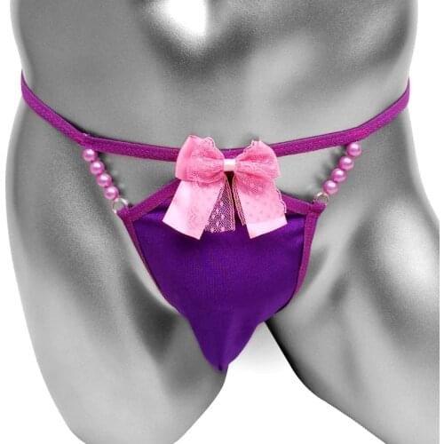 Sissy Pouch panties with bowknot Sexy Lingerie Men thong Jockstrap Underwear Low rise Pearl Sissy G String T back Gay Thong