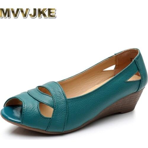 MVVJKEGenuine Leather Elegant Sandals Women Summer Shoes Slip On Sexy Peep Hollow Toe Ladies Wedge Sandals 4cm Cover Heel 43