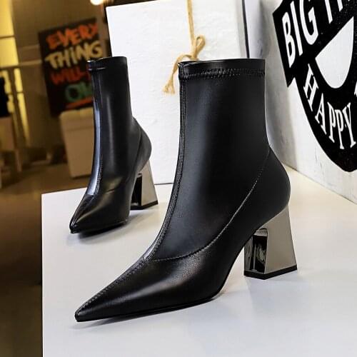 Bigtree New Design Chelsea Boots Women Fashion Metal Mid Heels Pumps Sexy Pointed Toe Ankle Slip On Autumn Winter Shoes Female