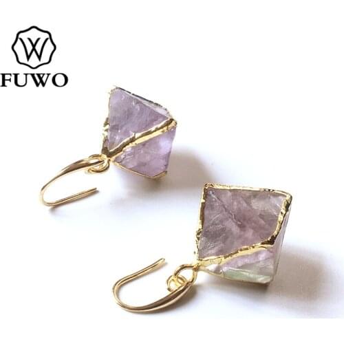 FUWO Natural Fluorite Earrings With Gold Trimmed Fashion Green Purple Crystal Quartz Octahedron Dropped Earrings For Women ER255