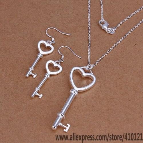 S199 Lucky Charm Silver Color Jewelry Sets For Women Fashion Jewelry Lady Accessories Fashion Heart-Shaped Key Earrings Necklace