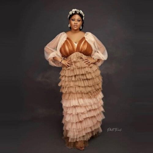 2021 New In Designer Tulle Evening Dresses Aso Ebi Style Plus Size Tiered Rufflea Women Long Prom Party Gown See Thru