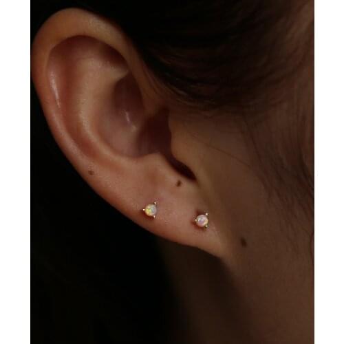 2.5MM Prong setting pink fire opal pinky single stone earring for girl perfect the second stud minimalist 925 silver jewelry