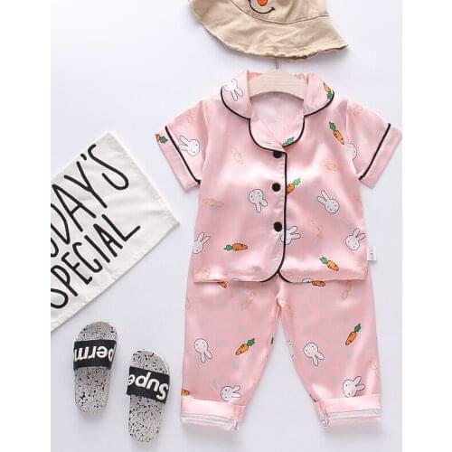 IENENS Girls Nightclothes Suits Summer Kids Pajamas Rabbit Sleepwear Clothes Sets 2PC Baby Short Sleeves Tops + Long Pants