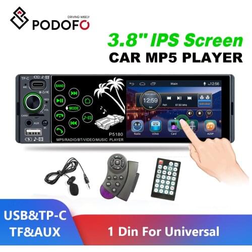 Podofo 1Din Car Radio 3.8"IPS Touch Screen Bluetooth Autoradio USB AUX MP5 Video Player MP3 Auto Audio Stereo Support Microphone