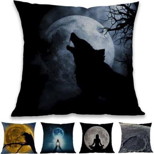 Wolf Howling At Full Moon Lunar Surface Profile Landing on the moon Night Pattern Pillow Case Home Sofa Decorative Cushion Cover