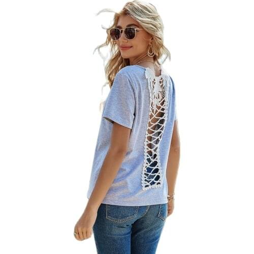 New Fashion Casual Short Sleeve Round Neck Solid Color T-Shirt Leakage Sexy Commuting Style Women 's Top Summer Stitching Lace