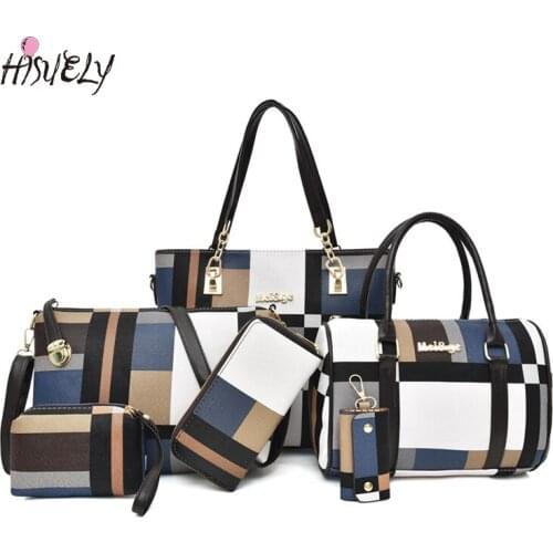 HISUELY 6 PCS/Set Women Plaid Pattern Composite Bag PU Leather Shoulder Bags Ladies Handbags Crossbody Bag Fashion Female Purses