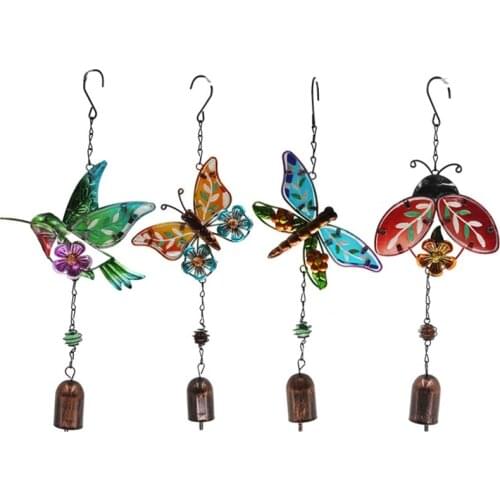 Creative Metal Wind Chimes Home Decor New Dragonfly Beetle Hummingbird Butterfly Pendant Glass Painted Handicraft Ornament Gift