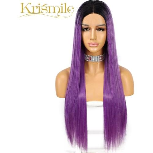 Krismile Long Straight Synthetic Lace Front Wigs Ombre Purple Daily Cosplay Party Wigs for Women High Temperature Natural Hairli