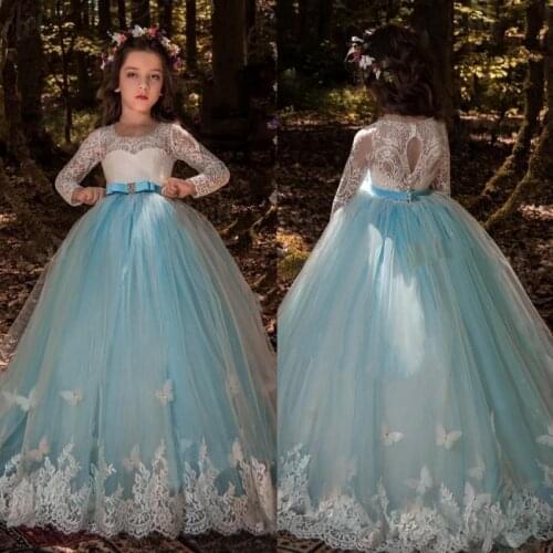 Long Sleeve Butterfly Flower Girls Dresses For Weddings Lace Ball Gown Boho Toddel Kids First Communion Dress Light Blue Pageant