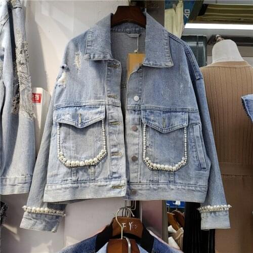 Heavy Beaded Denim Jacket Womens Spring Korean Loose Outerwear Chaquetas Mujer Autumn Vintage Long sleeve Jeans Jacket Female