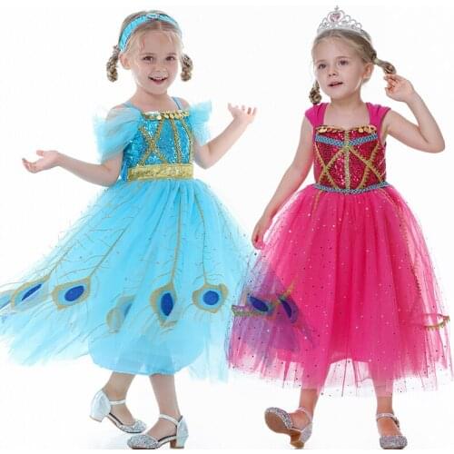 Fancy Sequins Clothing Girls Dress up Jasmine Princess Dresses Girl Halloween Party Aladdin Cosplay Costume for Kids Outfit 2-10