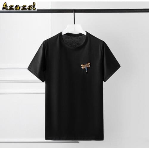 Azazel 100% Cotton Mens T-shirts Luxury Dragonfly Beading Short Sleeve Mens T-shirts Plus Size 3XL 4XL Slim Fit T-shirts Man