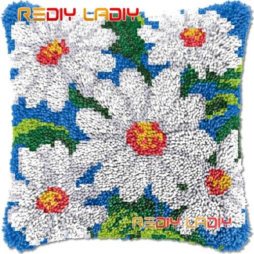Latch Hook Cushion White Daisy DIY Needlepoint Kits Chunky Acrylic Yarn Arts Crocheting Lofty Pillow Case Hobby & Crafts