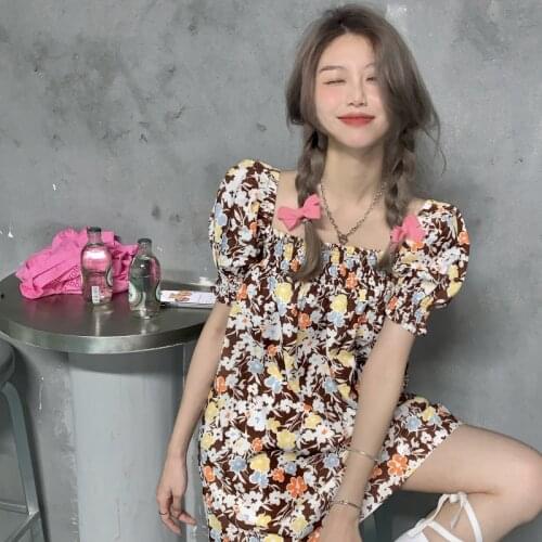Dress French Sweet Floral Short-sleeved Dress Female Summer New Style Korean Waist Thin Puff Sleeve Short Skirt