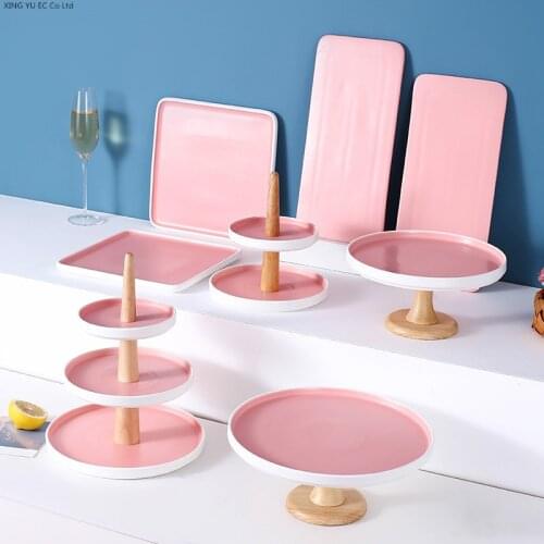 Pink Ceramic Dish Glass Cover Cake Tray Fruit Plate Household Tableware Dessert Table Display Stand Wedding Decoration Set Plate