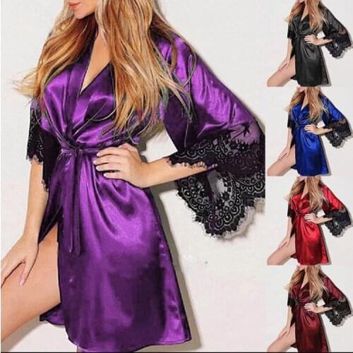 Sexy Lace Satin Sleepwear Women Ladies Night Dress Lingerie Nighties V-neck Nightdress Lace Up Loose Nightgown Plus Size Robe
