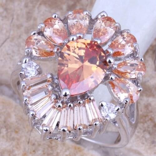 Stylish Champagne Morganite Silver Plated Womens Ring Size 6 / 7 / 8 / 9 R1078