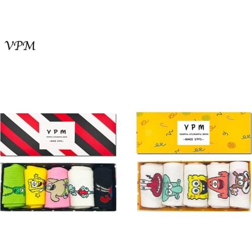 VPM Cartoon Sweet Women Socks Pink Black White Cute Funny Animals Character Female Socks for E Girl Gift Box 5 Pairs/Lot