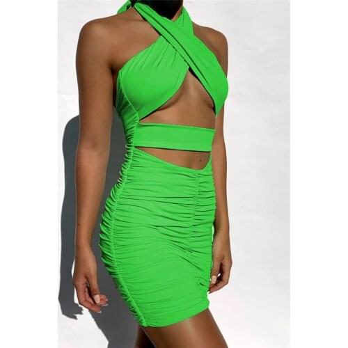 Women Summer Solid Color Tight Sexy Dress Hollow-Out Tied Halter Neck Backless Ruffled Mini Dress for Female Green/Black