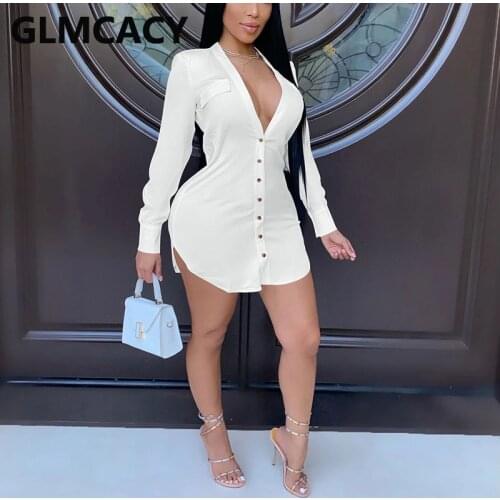 Women Long Sleeve V Neck Button Up Shirt Dress Elegant Mini Dress