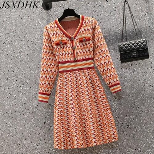 S-4XL Plus Size Women Runway Knitted Orange Dress Elegant Autumn Winter Button Deco Geometric Print Long Sleeve Sweaterss Dress