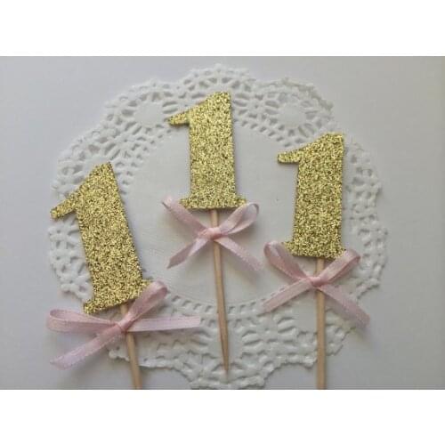 Gold Glitter Cupcake Toppers with Pink Bow custom number 1st Birthday wedding toothpicks Bridal baby shower party decor
