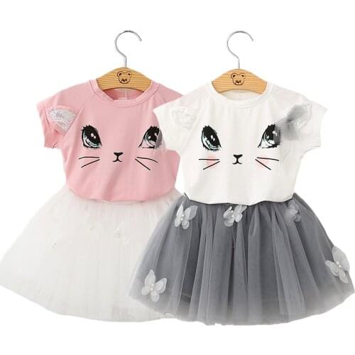 2 Color Cat Girls Clothing Set Pure Cotton T-Shirt +Butterfly Applique Mesh Lace Skirt Suit For Girl Birthday Present