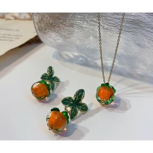 2021 Fashion Jewelry New Gold Chain Transparent Glass Orange Persimmon Necklace Vintage Collier Femme Choker Necklaces For Women