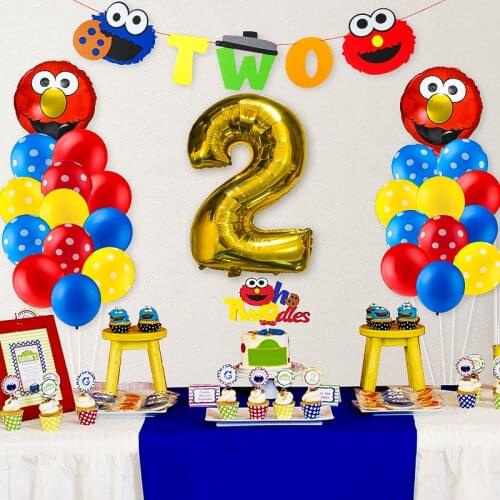 42Pcs Sesame Birthday Party Decor Kit 2nd Balloon Photo Prop Twodles Cake Topper Banner Best Party Supplies for 2 Years Old Kids