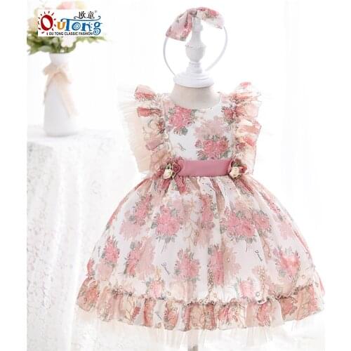 Outong Spanish Floral Print Lolita Style Baby Girl Dresses Kids Clothes Girls For Newborn Princess Summer Dress With Headband
