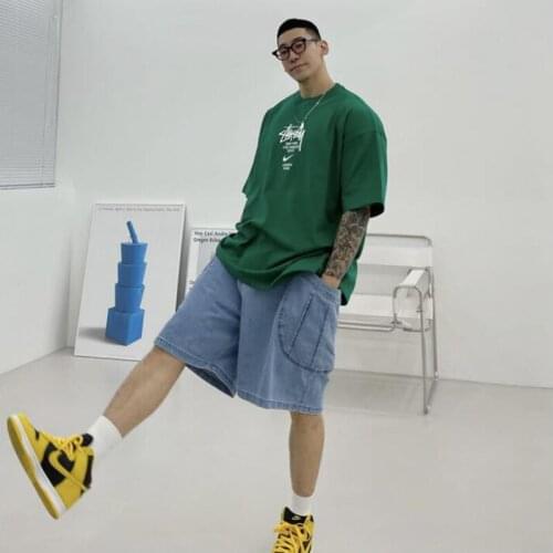 2021 Summer New Mens Fashion High Street Tide Brand Washed Large Pocket Denim Shorts Sports Loose Large Size Five-Point Pants