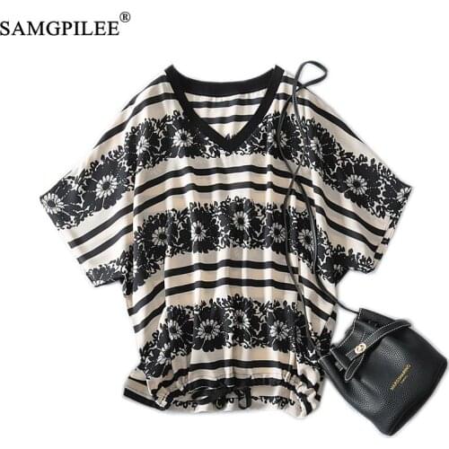 Summer T Shirts Oversized 2021 New Fashion Casual Retro Printed Raglan Sleeves Thin V-neck Loose Striped Womens T-shirt Chiffon