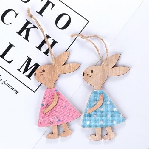 2PCS Lovely Easter Rabbit Wooden Decoration DIY Wood Hanging Crafts Cute Bunny Easter Ornaments Party Supplies