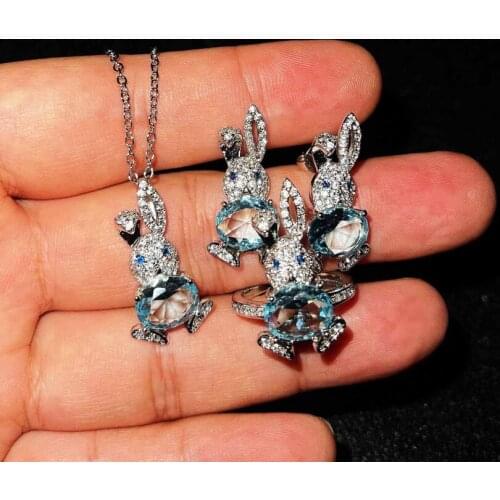 KOFSAC New Shiny Women Rabbit Blue Crystal CZ Necklace Earrings Ring Set Silver Color Jewelry Cute Romantic Girl Birthday Gifts