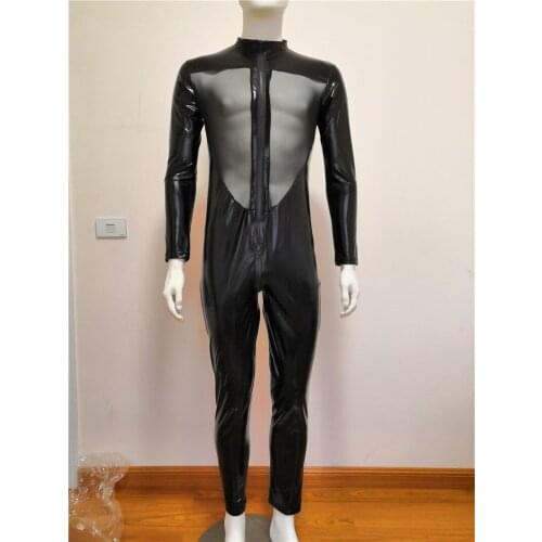 Latex Men Wet look Catsuit Faux Leather Mesh Jumpsuits Black Tight PVC Bodysuit Sexy Clubwear Gay Lace Lingerie Fetish Body Suit