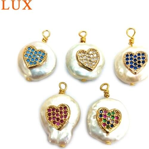 LUX Natural heart shape Pearls Pendant White Pearl Charm micro CZ Pave cubic zirconia paved Gems stone Boho Jewelry DIY Making