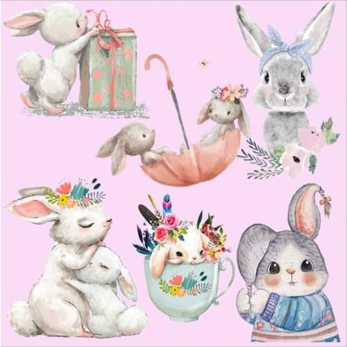 Cute Bunny Rabbit Patch Heat Transfer Vinyl Iron On Transfer For Clothes Cartoon Badge Ironing Stickers Applique A Level