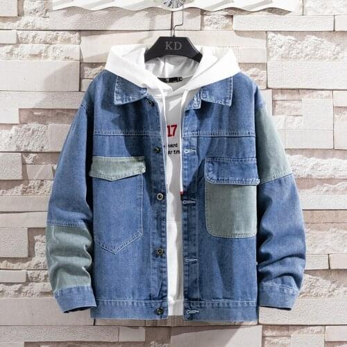 Mens denim jacket 2021 spring and autumn fashion loose patchwork cargo jacket Korean version casual wear clothes